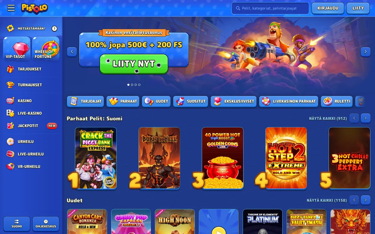 Pistolo Casino — Home page, captured from Finland
