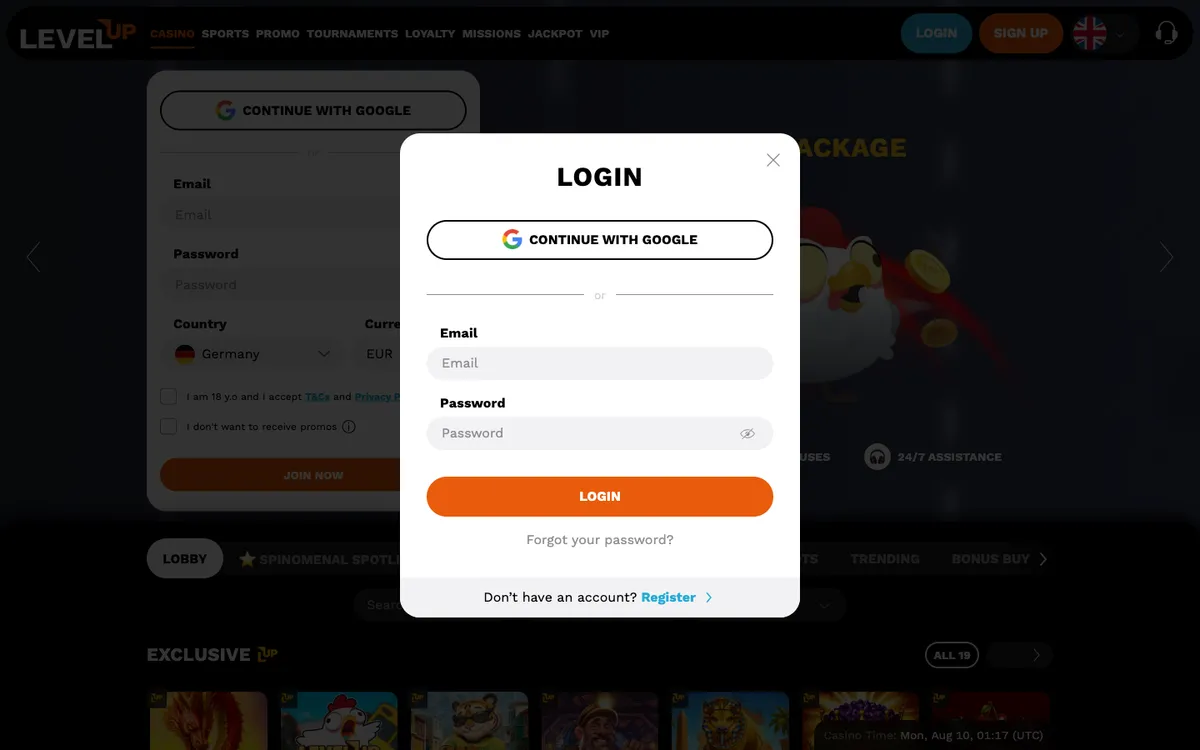 LevelUp Casino — «Регистрация», снято из страны Германия