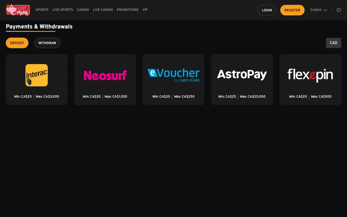 Lucky Trunk Casino — Payments, captured from Canada