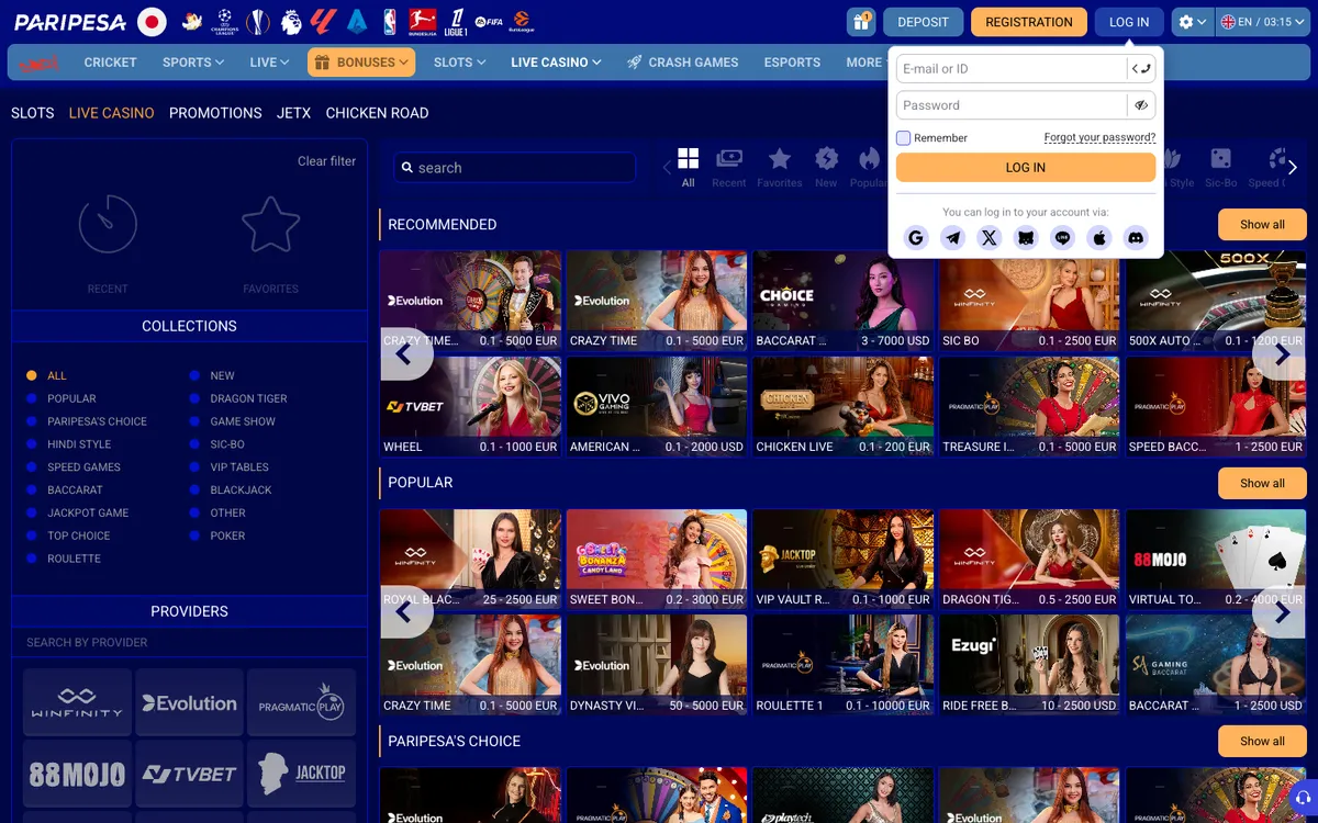 Paripesa Casino — Sign-up, captured from Japan