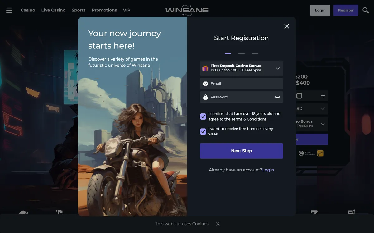 Winsane Casino — «Регистрация», снято из страны Канада