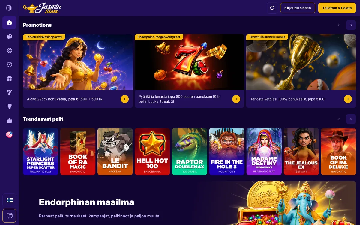JasminSlots Casino — Home page, captured from Finland