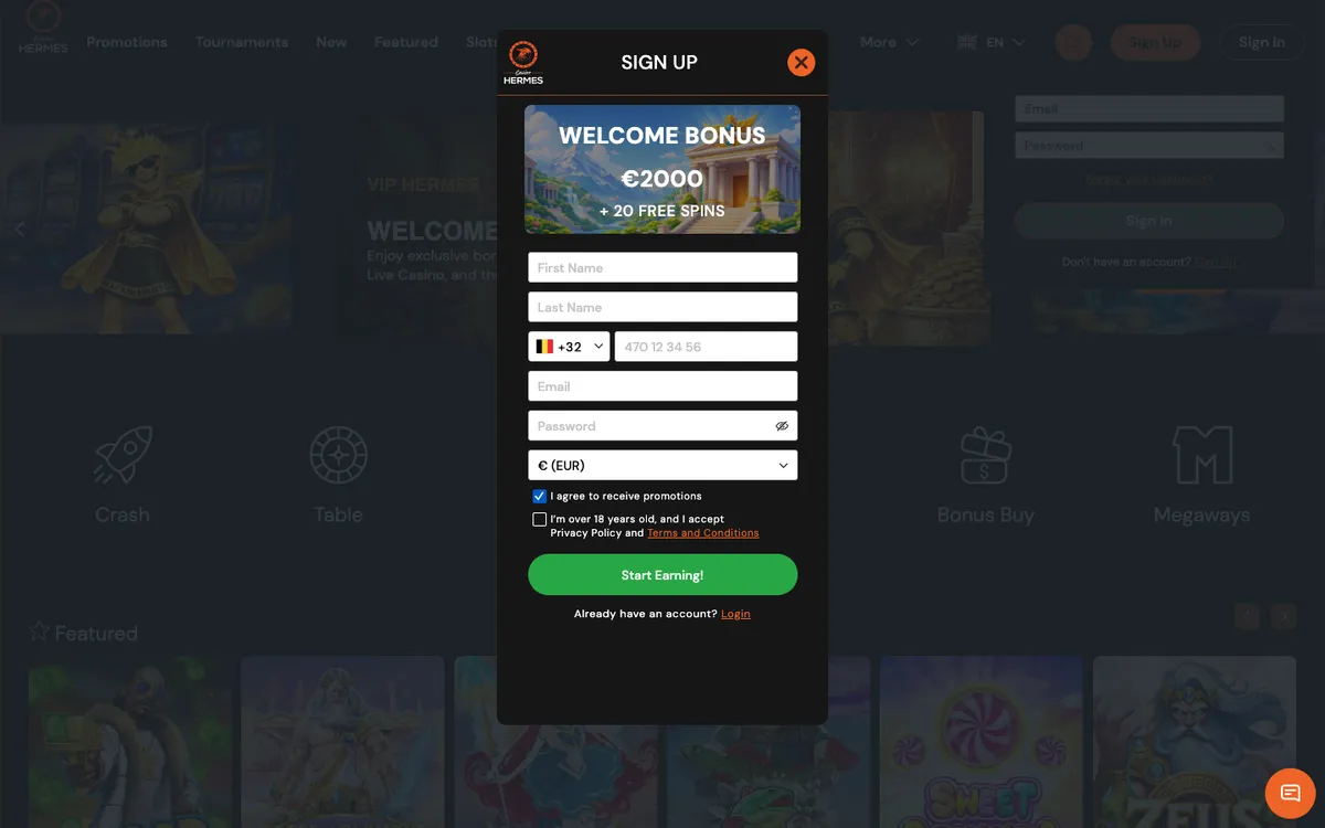 Casino Hermes — Sign-up, captured from Belgium