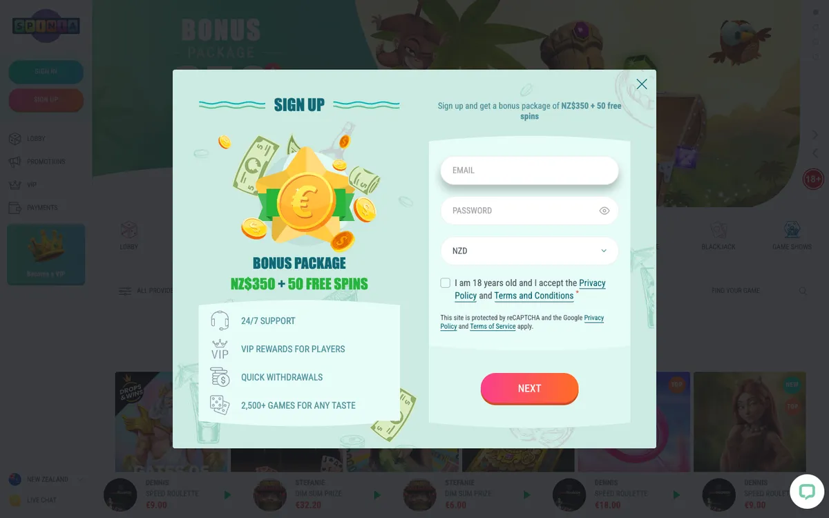 Spinia Casino — Sign-up, captured from New Zealand