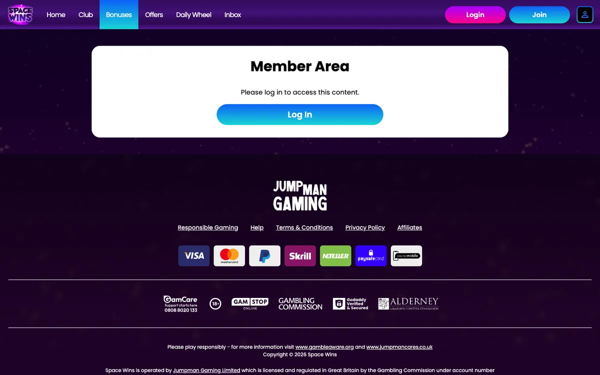Space Wins Casino — Promotions, captured from United Kingdom