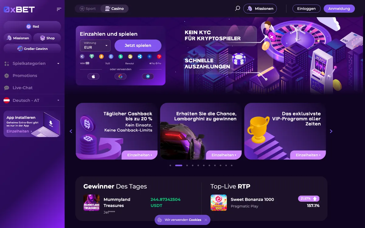 0x.bet Casino — Home page, captured from Austria
