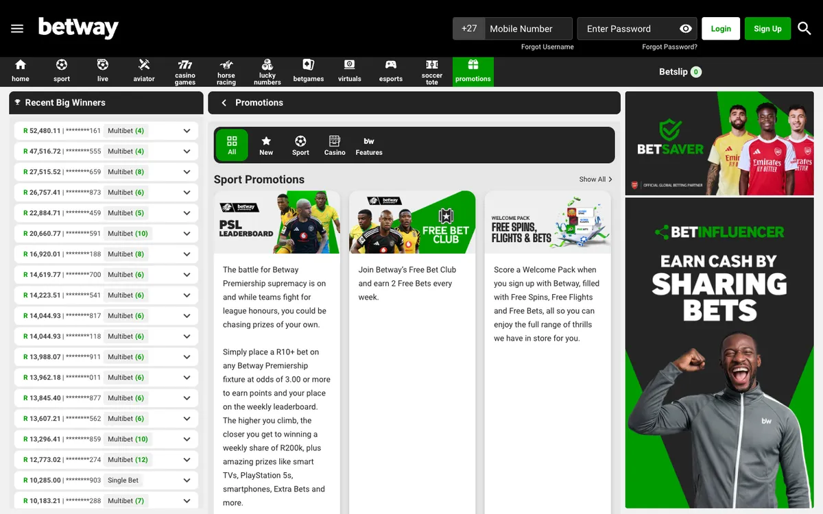 Betway Casino — Promotions, captured from South Africa