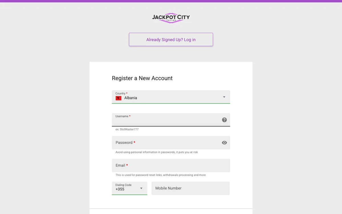 Jackpot City Casino — Sign-up, captured from Brazil