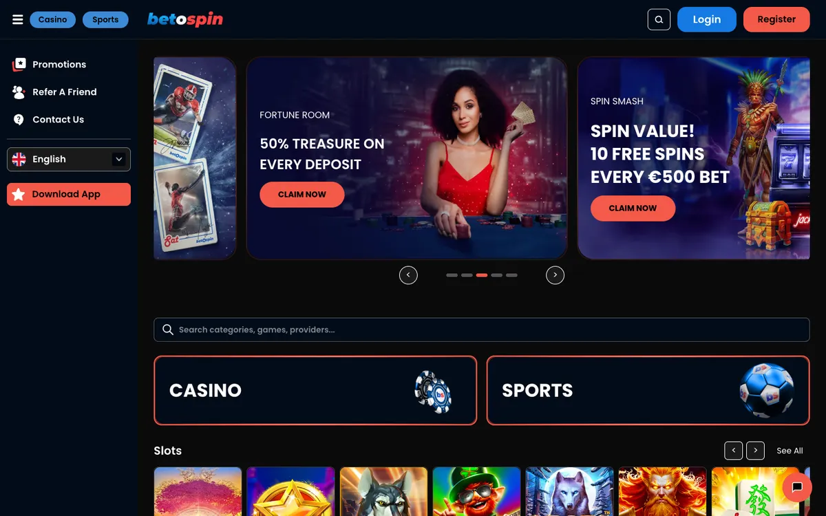 BetOspin Casino — Home page, captured from Austria