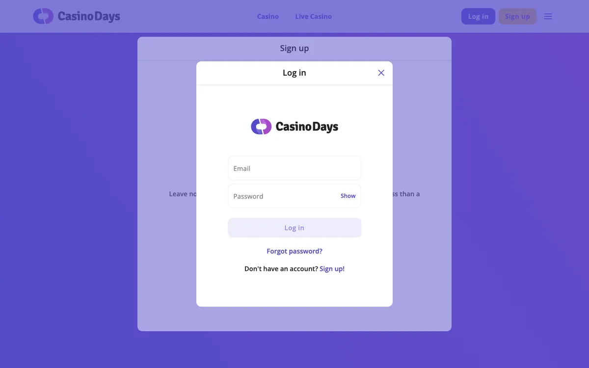 Casino Days — Sign-up, captured from Belgium