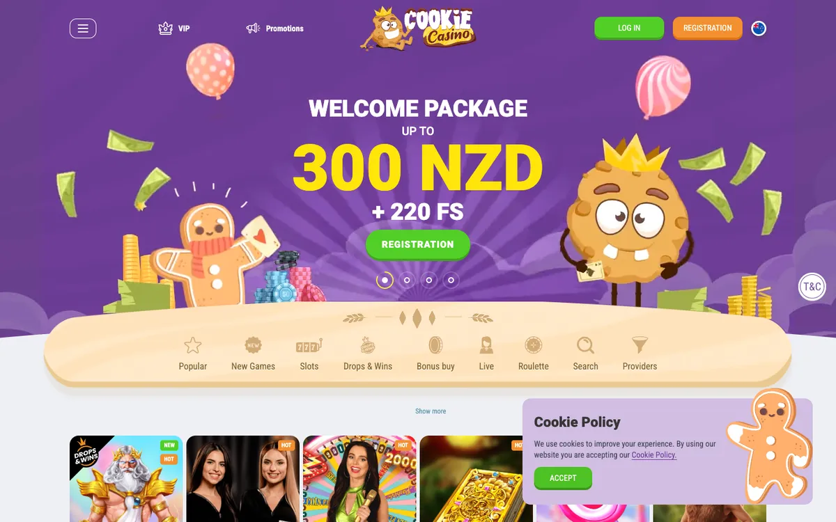 CookieCasino — Home page, captured from New Zealand