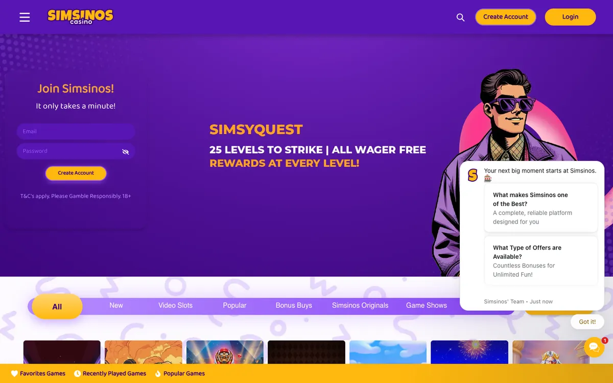 Simsinos Casino — Home page, captured from Canada