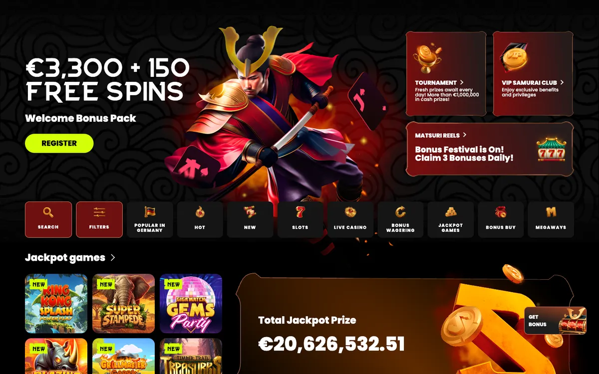 Spin Samurai Casino — Home page, captured from Canada