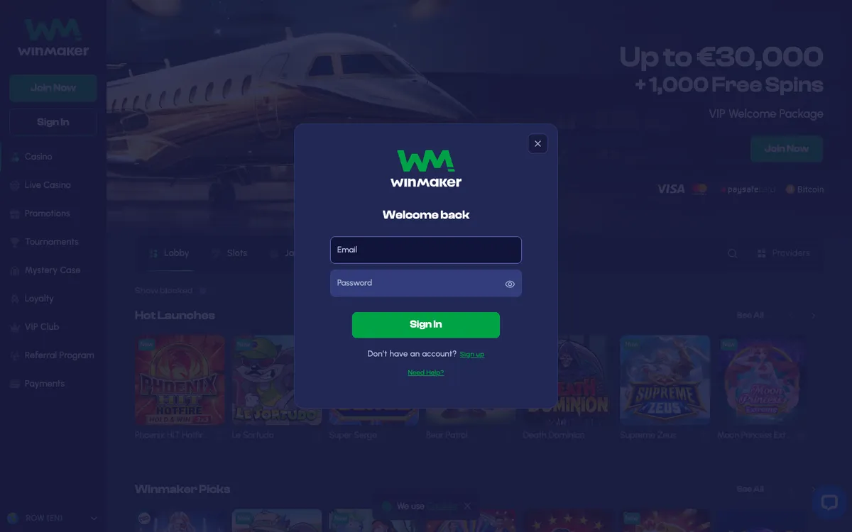 Winmaker Casino — «Регистрация», снято из страны Норвегия