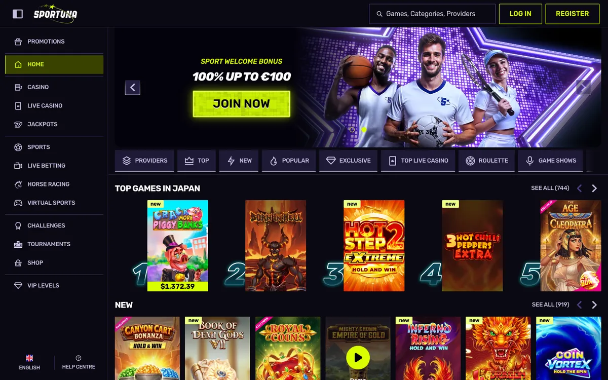 Sportuna Casino — Home page, captured from Japan