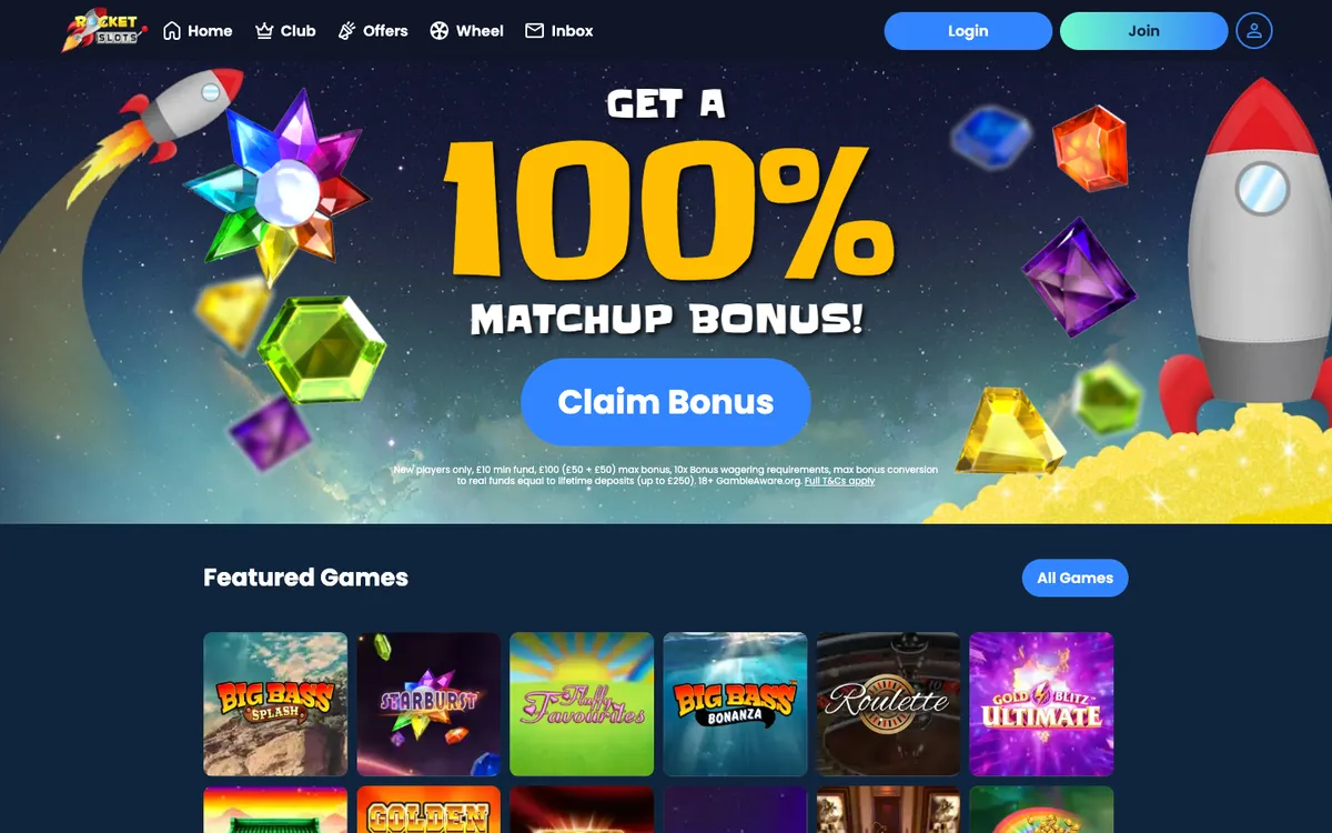 Rocket Slots Casino — «Главная», снято из страны Великобритания
