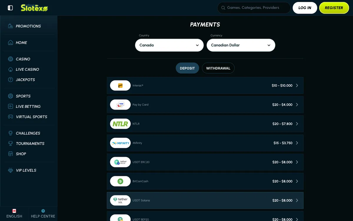 Slotexo Casino — Payments, captured from Canada