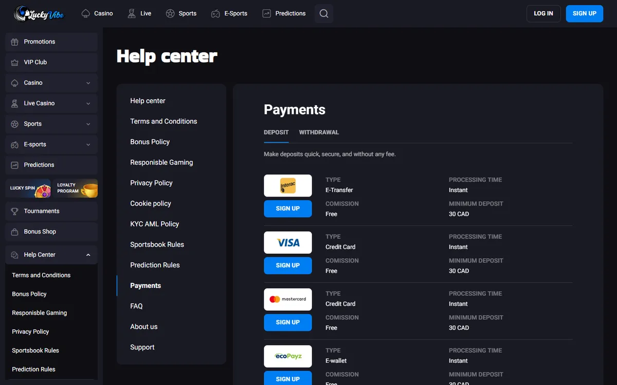 Lucky Vibe Casino — Payments, captured from Canada