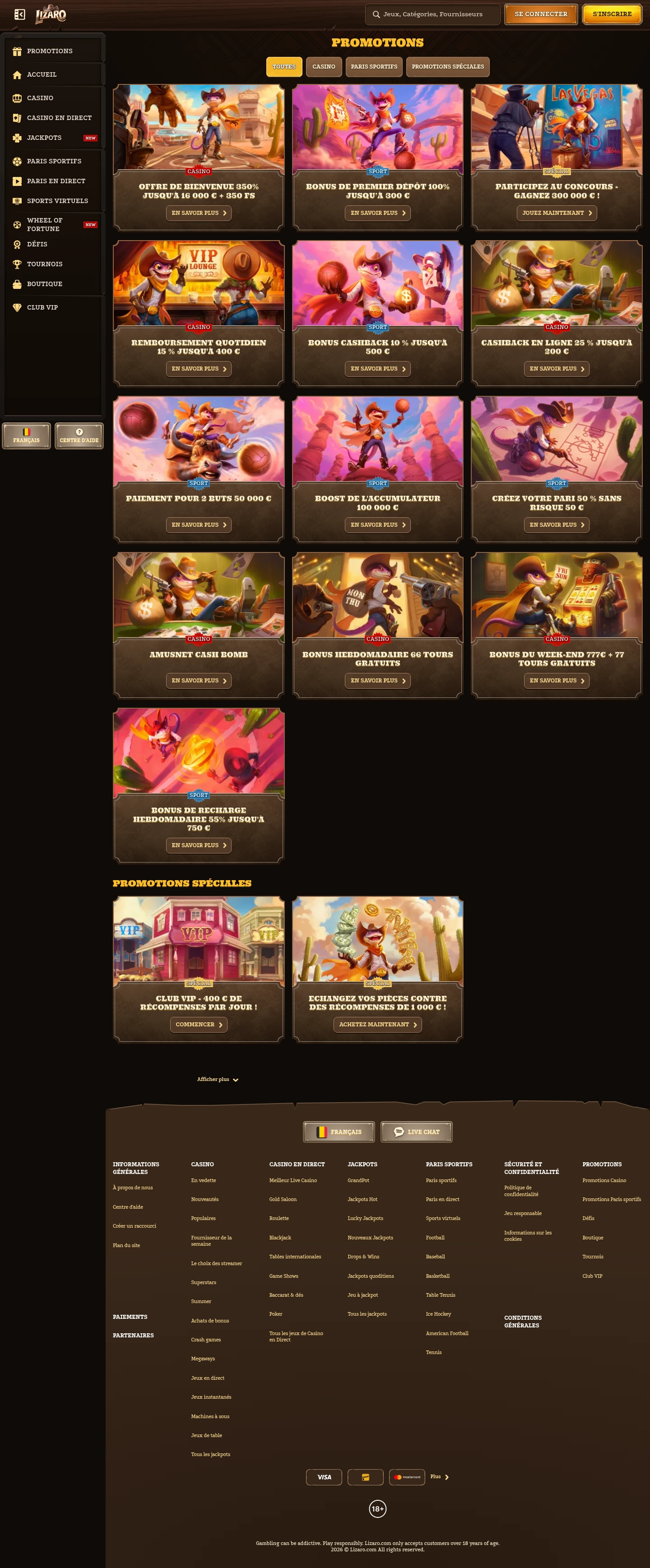 Lizaro Casino — Promotions, captured from Belgium