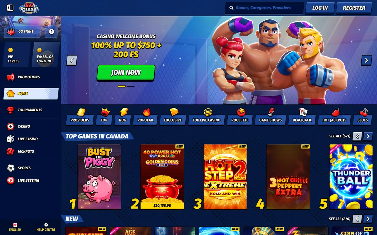 BigClash Casino — Home page, captured from Canada