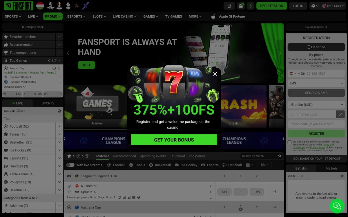 Fansport Casino — Home page, captured from Hungary