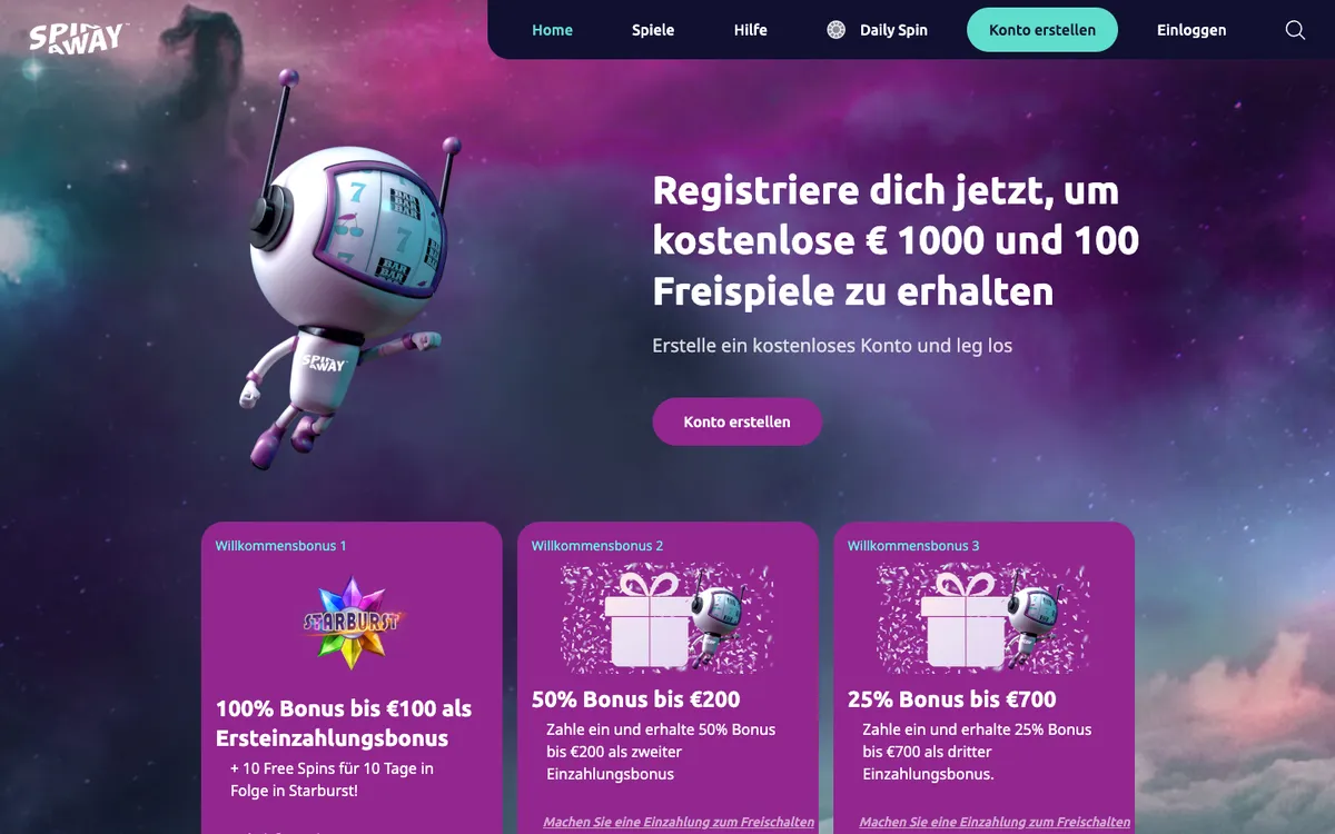 Spin Away Casino — Home page, captured from Germany