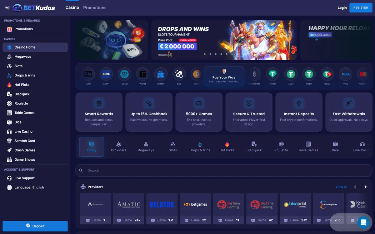 BetKudos Casino — Home page, captured from Indonesia