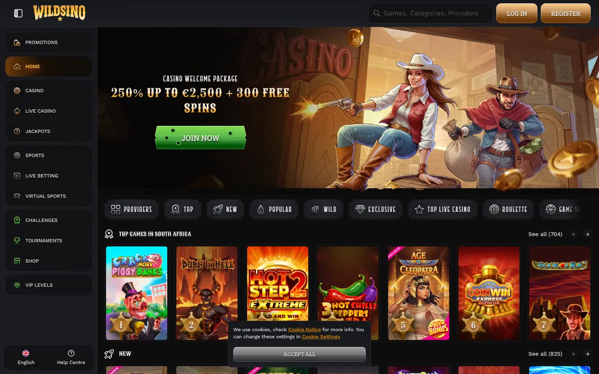 Wildsino Casino — Home page, captured from South Africa