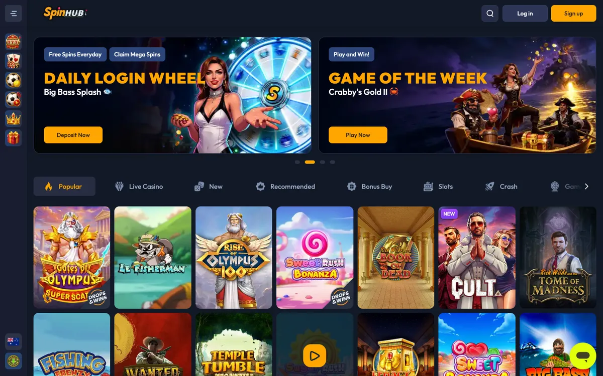 Spinhub Casino — Home page, captured from Australia