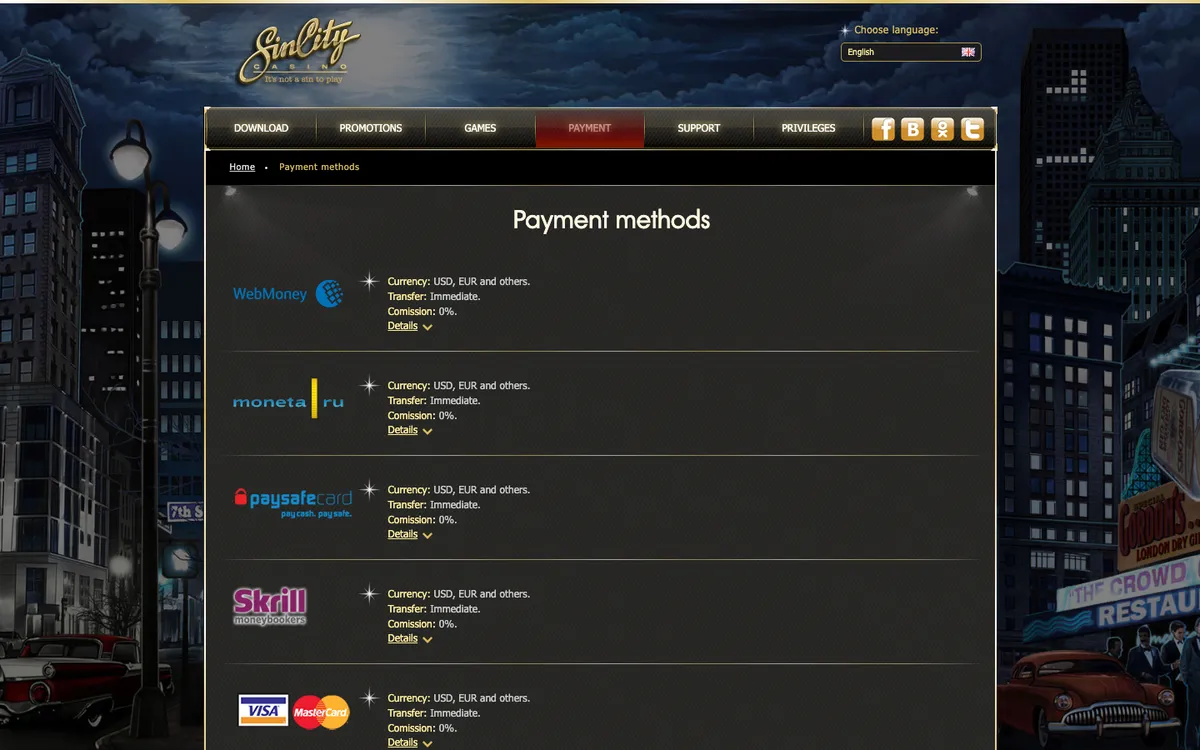 SinCity Casino — Payments, captured from Australia