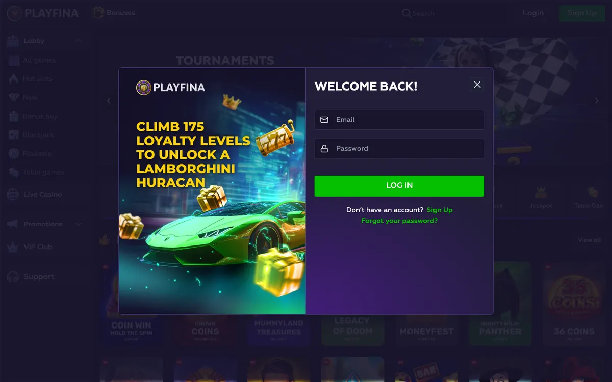 Playfina Casino — Sign-up, captured from Italy