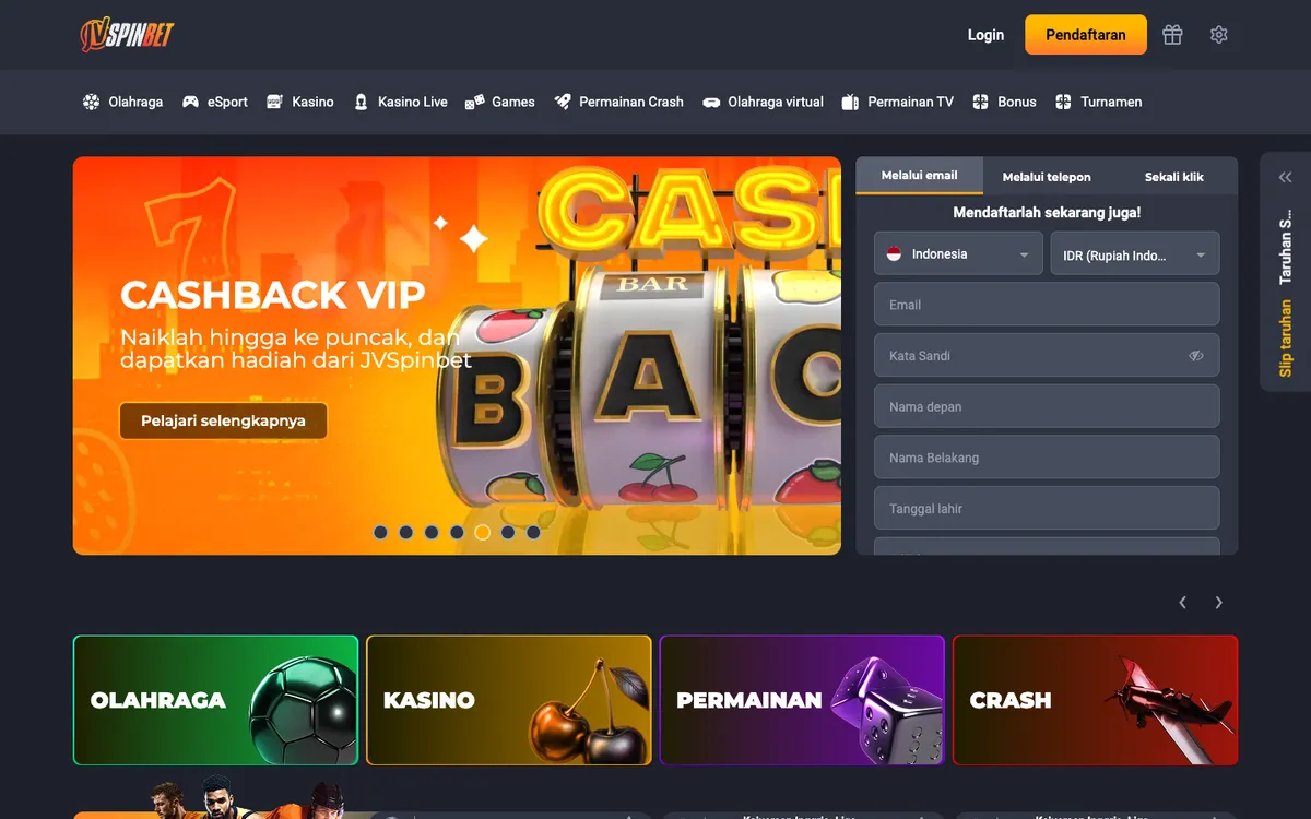 JVSPINBET Casino — «Главная», снято из страны Индонезия