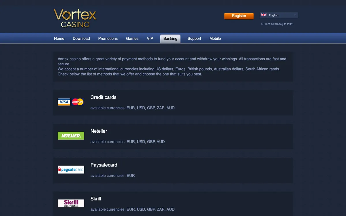 Vortex Casino — Payments, captured from South Africa