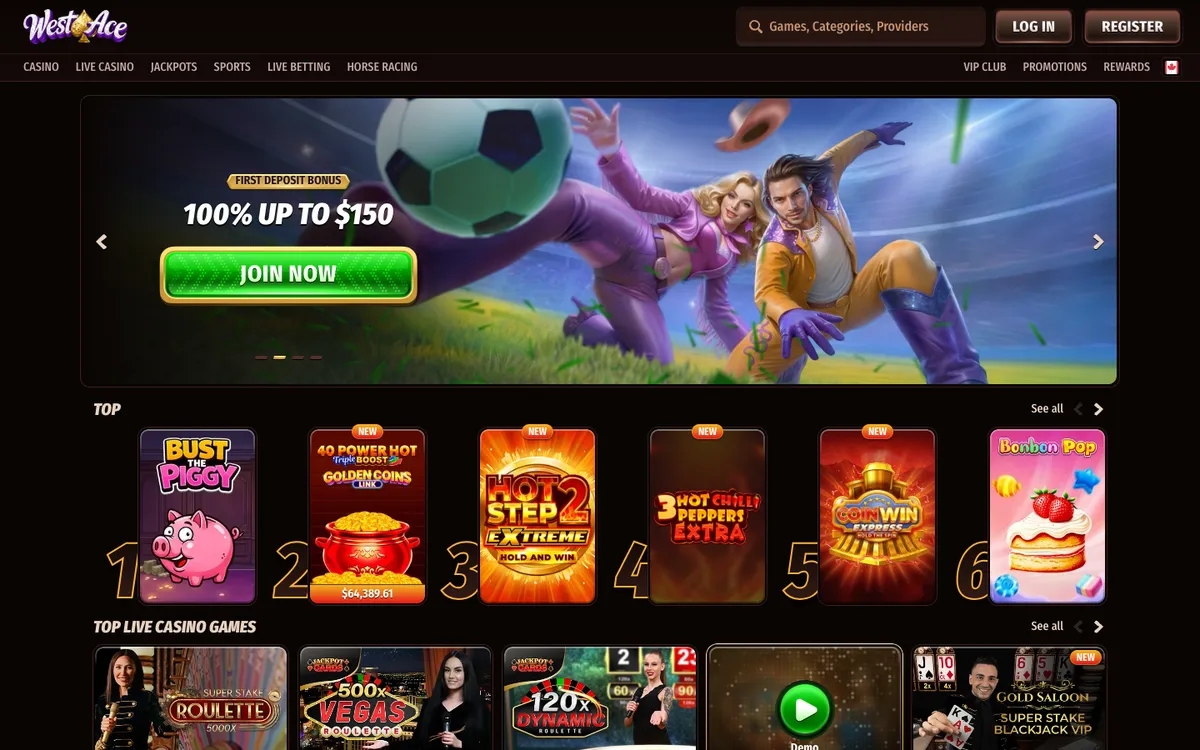 Westace Casino — Home page, captured from Canada