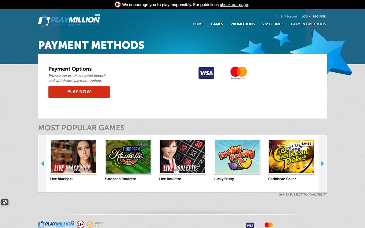 Play Million Casino — Payments, captured from Italy