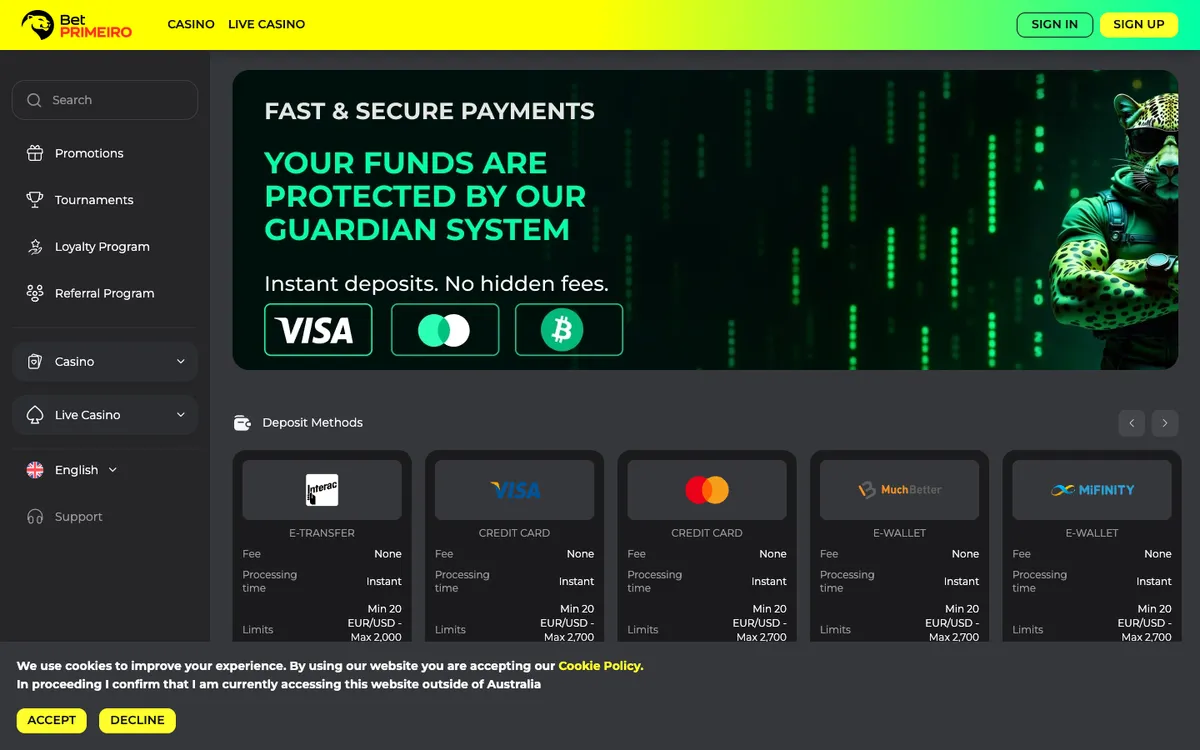 BetPRIMEIRO Casino — Payments, captured from Australia