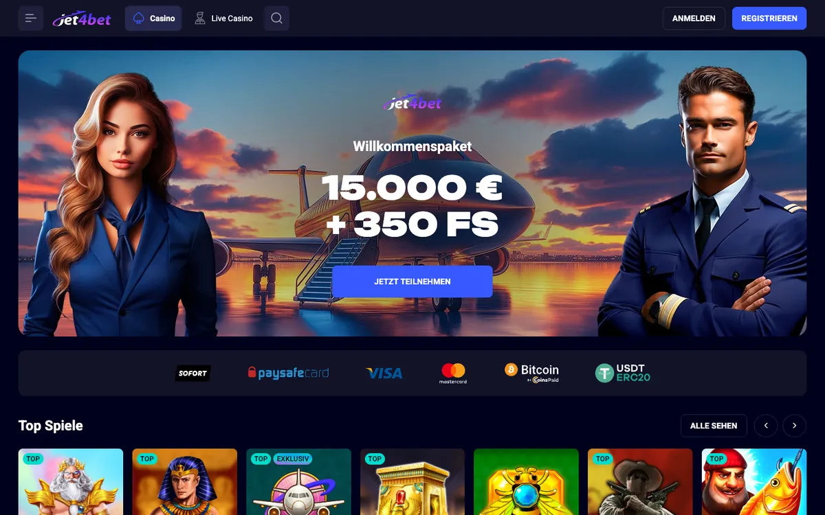Jet4bet Casino — Home page, captured from Austria
