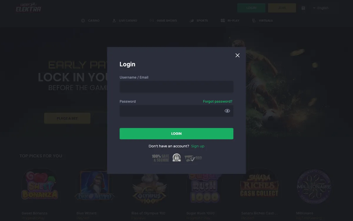 LuckyElektra Casino — Sign-up, captured from Germany