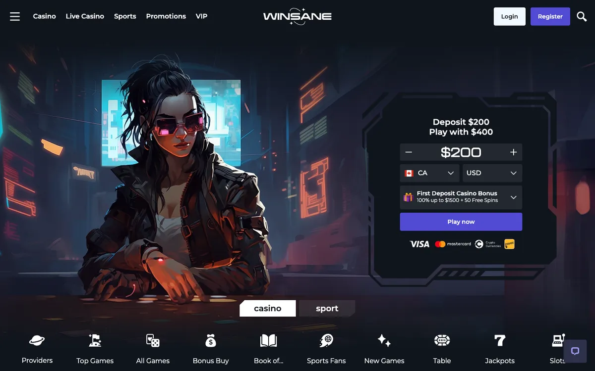 Winsane Casino — «Главная», снято из страны Канада