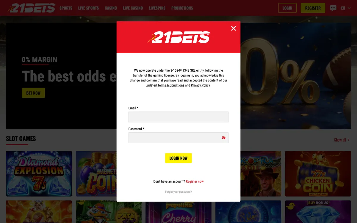 21bets.io Casino — «Регистрация», снято из страны Португалия