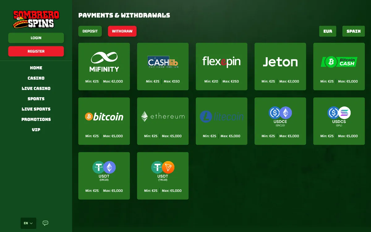 Sombrero Spins Casino — Payments, captured from Spain