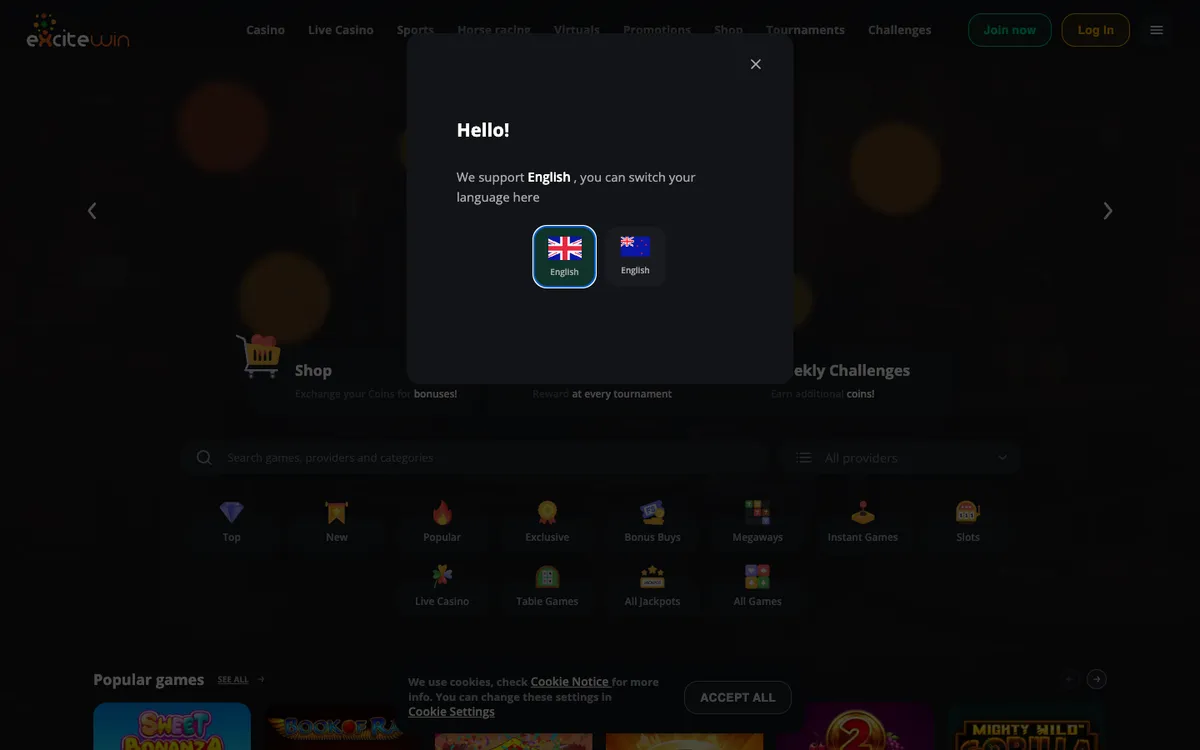 Excitewin Casino — Home page, captured from New Zealand