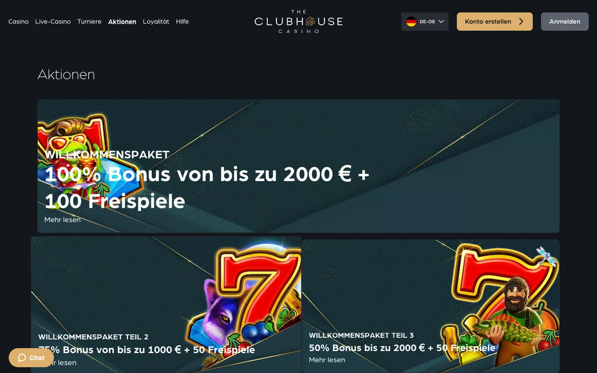 The ClubHouse Casino — Promotions, captured from Austria
