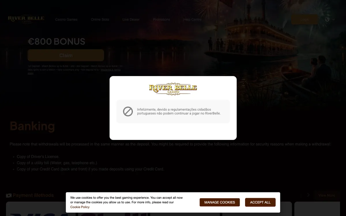 River Belle Casino — Payments, captured from Portugal