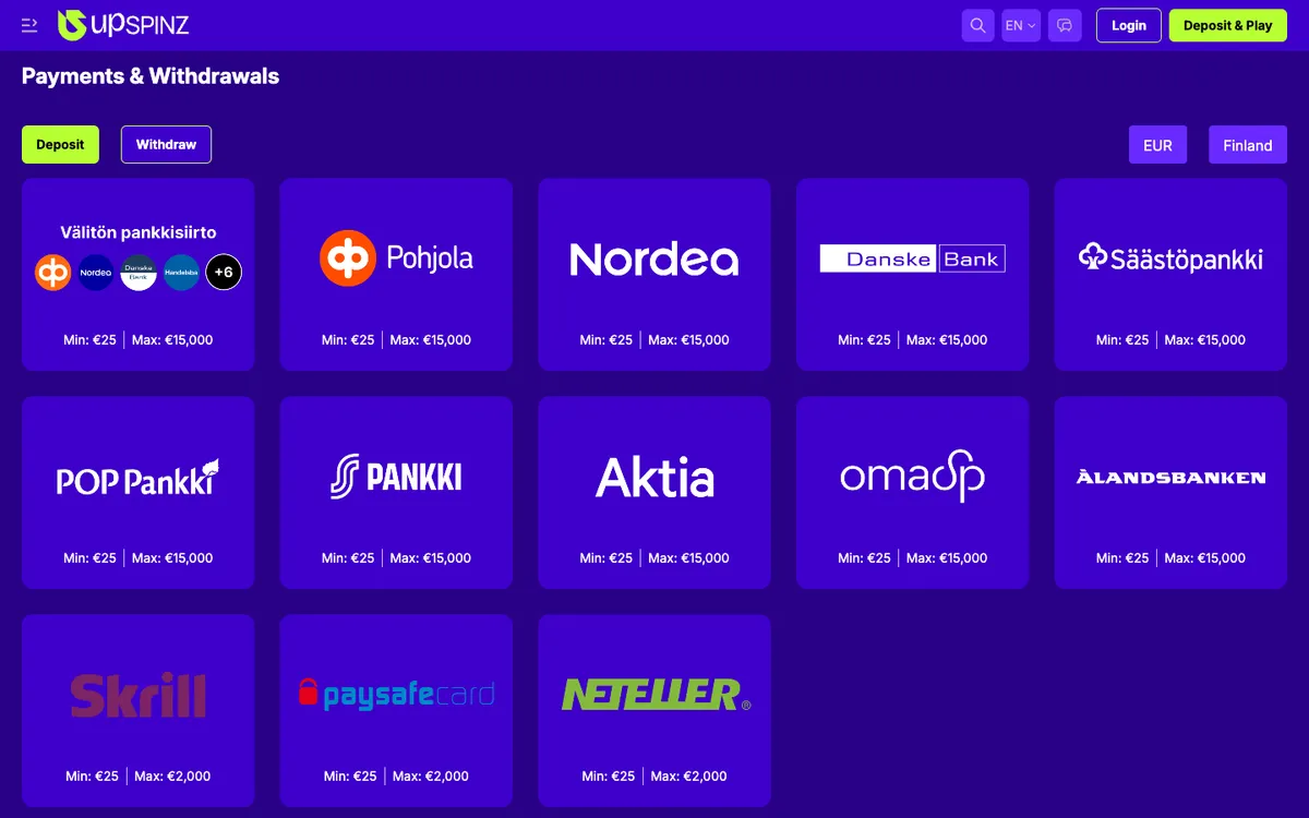 UpSpinz Casino — Payments, captured from Finland