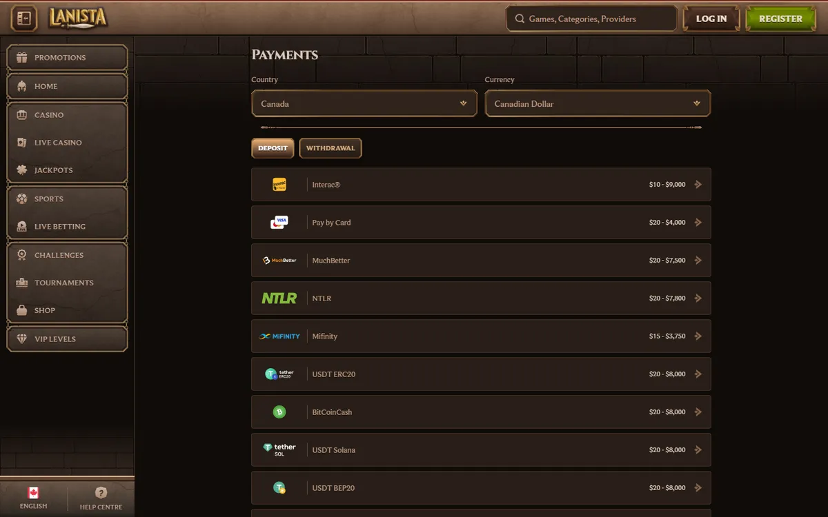 Lanista Casino — Payments, captured from Canada
