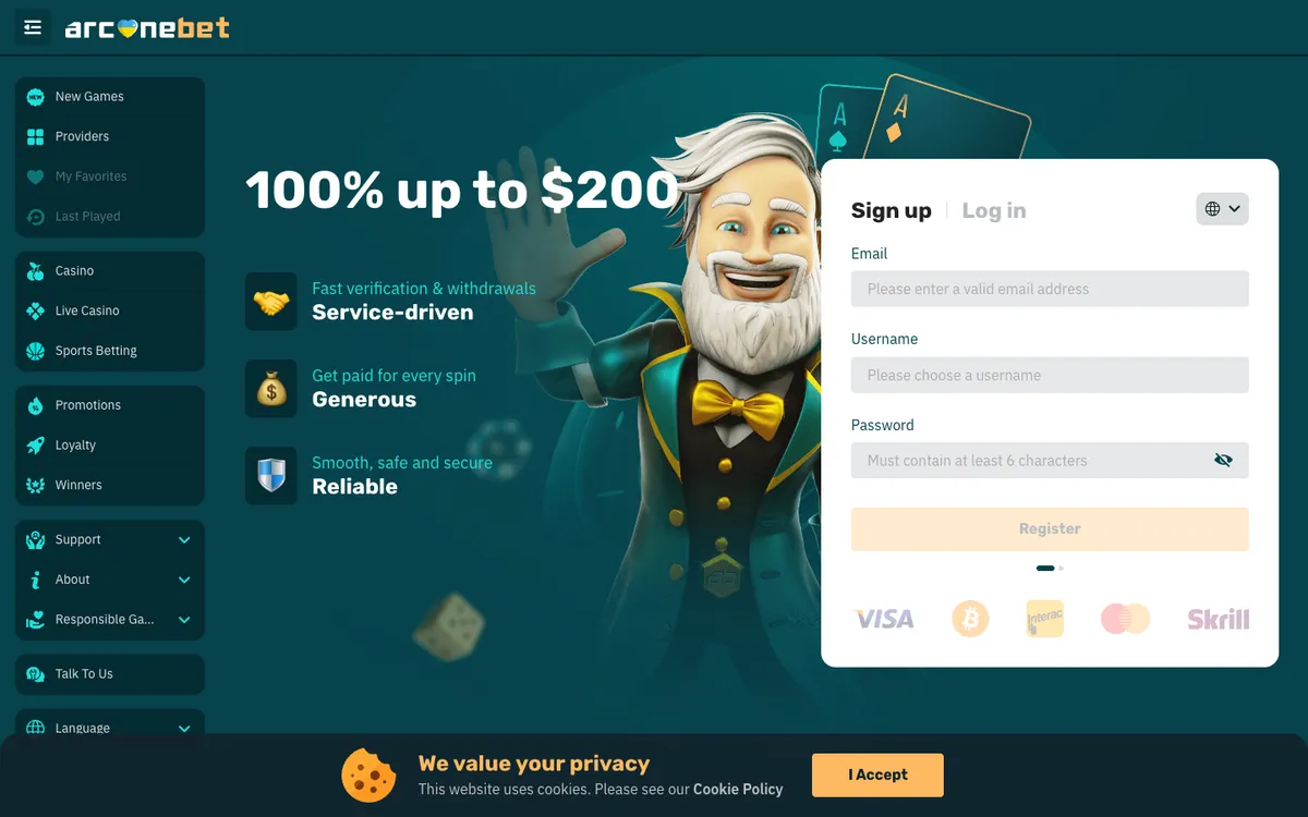 arcanebet Casino — «Регистрация», снято из страны Бразилия