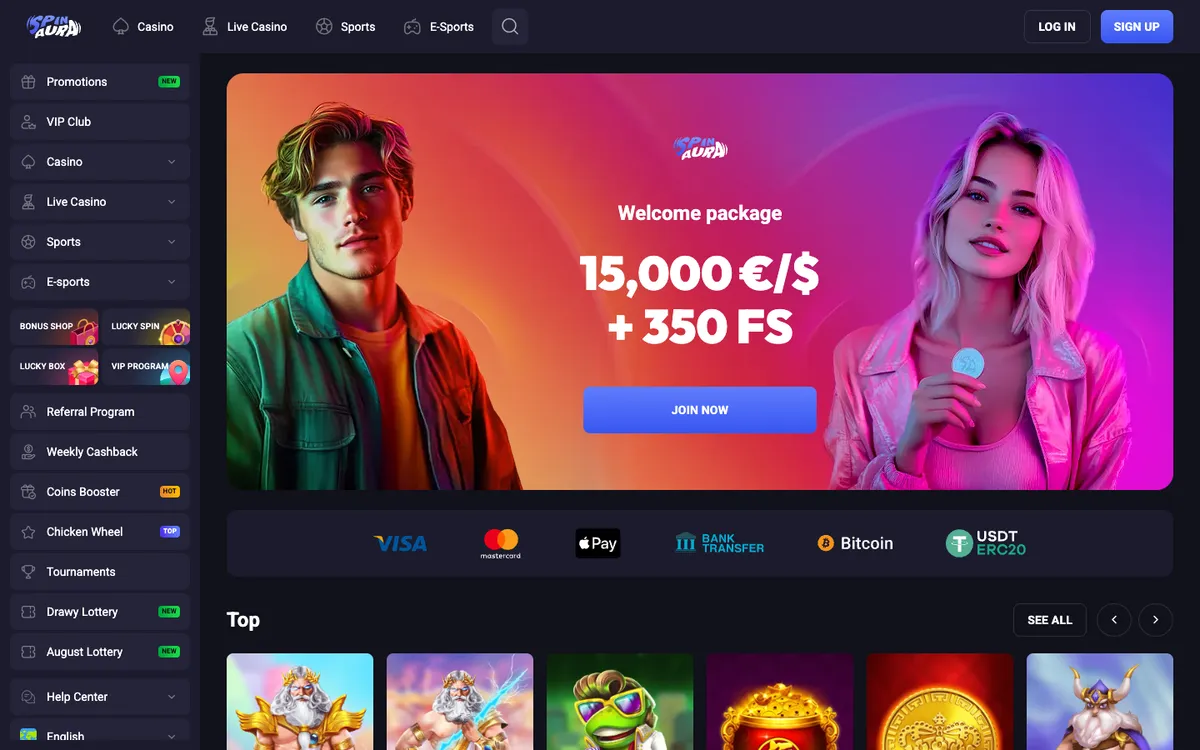 Spin Aura Casino — Home page, captured from Canada