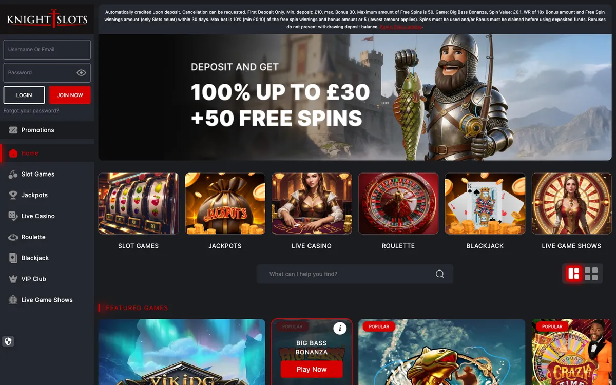 Knightslots Casino — Home page, captured from United Kingdom