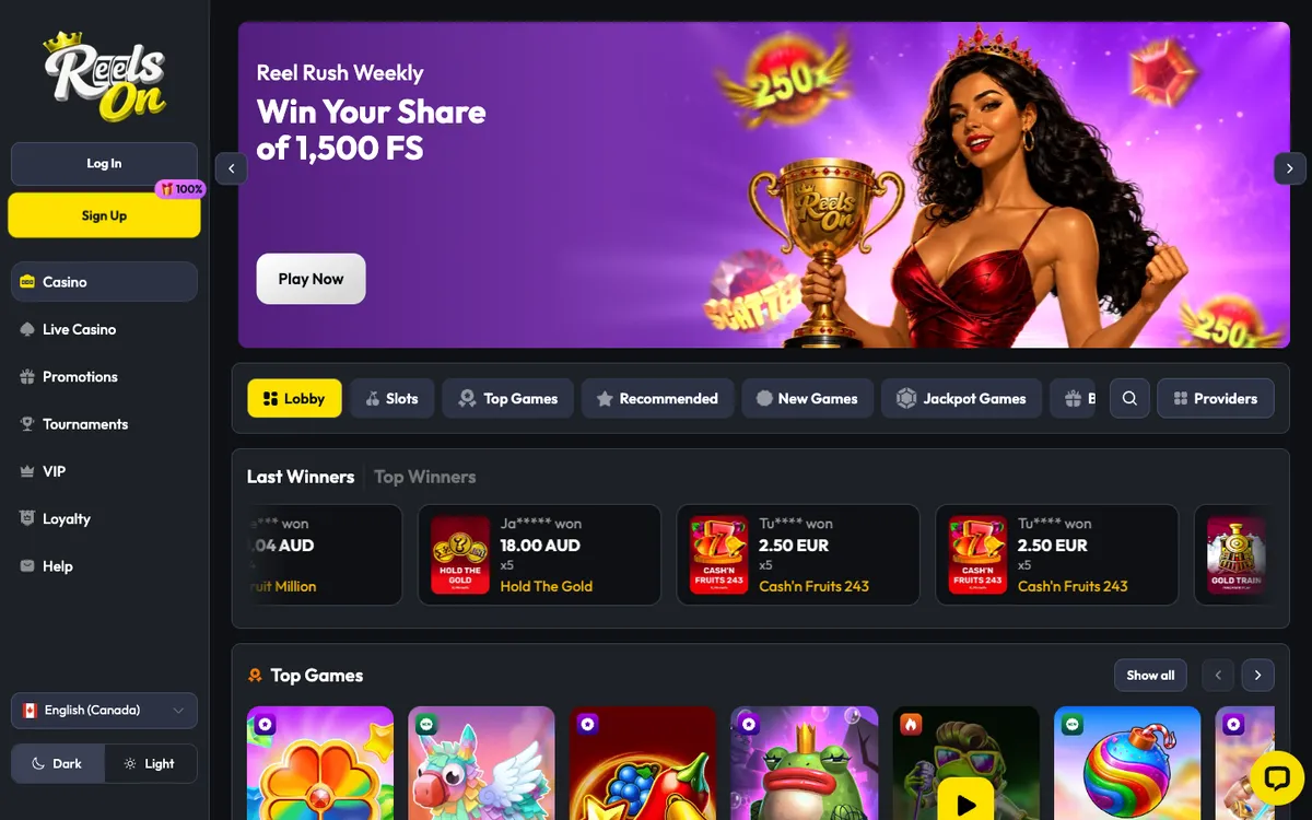 ReelsOn Casino — Home page, captured from Canada